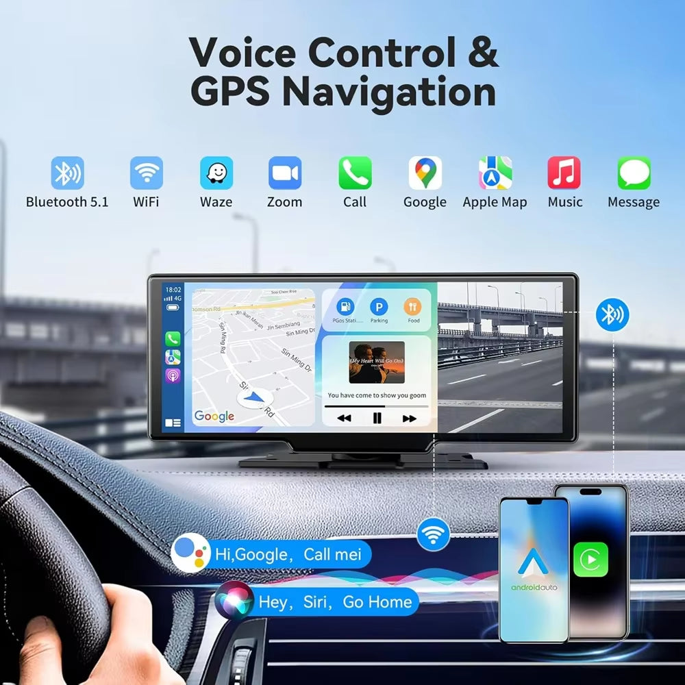 10.26" Portable Wireless Carplay Screen HD Rear Reversing Camera Car Radio DVR MP5 Multimedia Video Player Android Auto